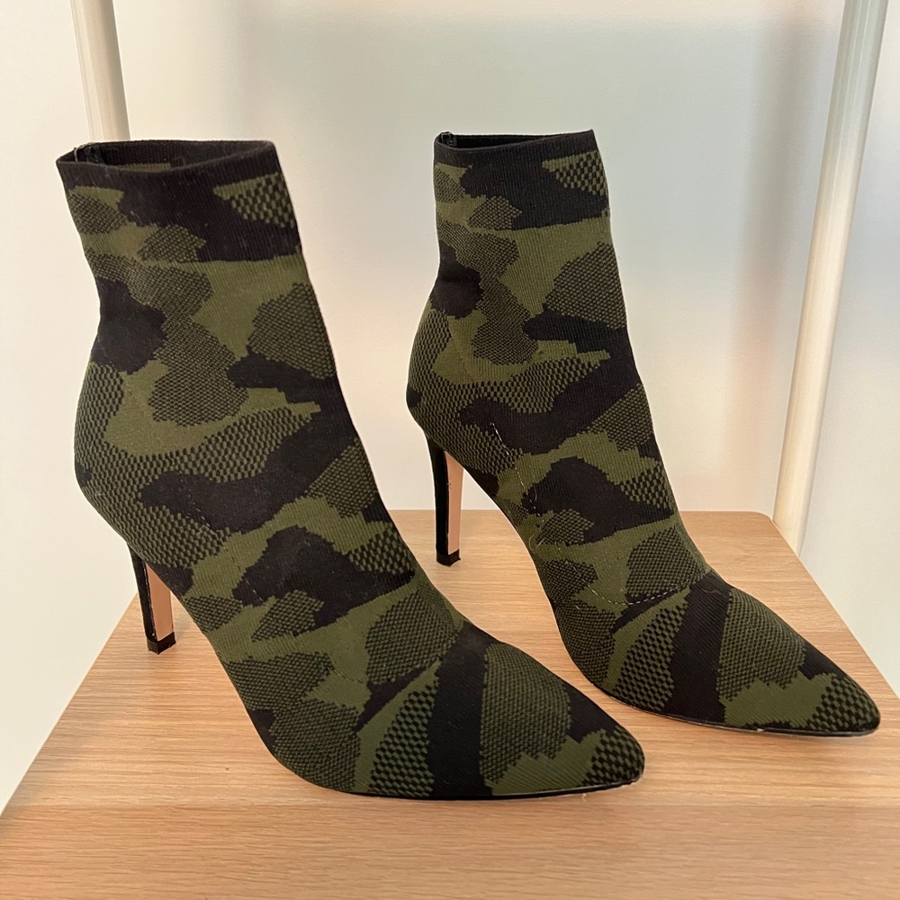MIA camo print stiletto ankle boots, size 7.5